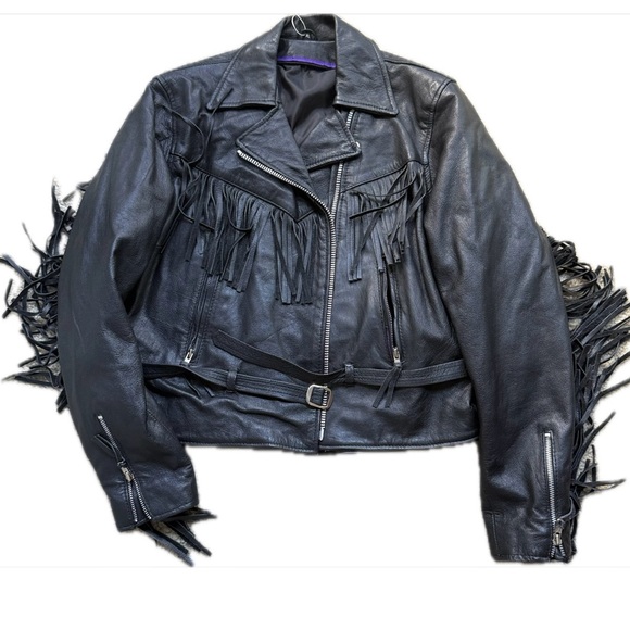 Stylish Black Leather Fringe Jacket Women’s– Western Biker Boho Rocker Style - Picture 6 of 12